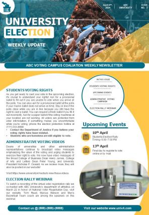 One Page University President Newsletter Presentation Report Infographic Ppt Pdf Document