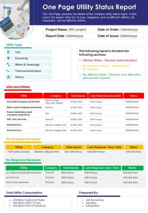 One page utility status report presentation infographic ppt pdf document