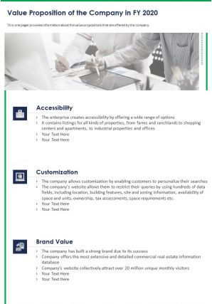 One page value proposition of the company in fy 2020 presentation report infographic ppt pdf document