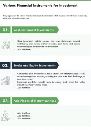 One page various financial instruments for investment infographic ppt pdf document