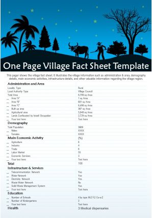One page village fact sheet template presentation report infographic ppt pdf document