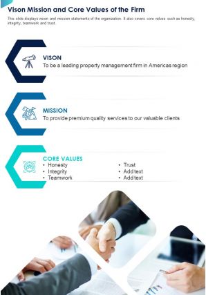 One page vison mission and core values of the firm presentation report infographic ppt pdf document