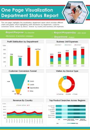 One Page Visualization Department Status Report Presentation Infographic PPT PDF Document