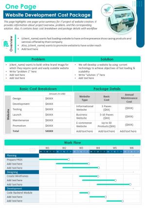 One page website development cost package presentation report infographic ppt pdf document