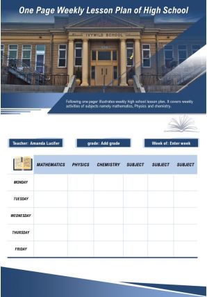 One page weekly lesson plan of high school presentation report infographic ppt pdf document