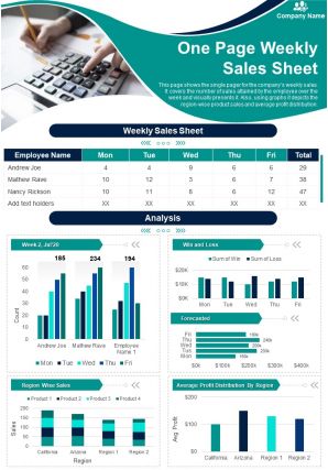 One page weekly sales sheet presentation report infographic ppt pdf document