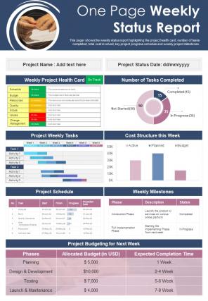 One Page Weekly Status Report Presentation Infographic Ppt Pdf Document