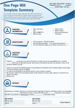 One page will template summary presentation report infographic ppt pdf document