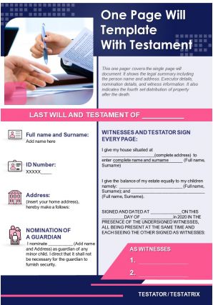 One page will template with testament presentation report infographic ppt pdf document