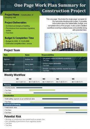 One page work plan summary for construction project presentation report ppt pdf document
