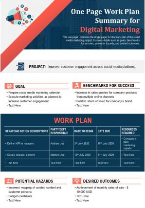 One page work plan summary for digital marketing presentation report ppt pdf document