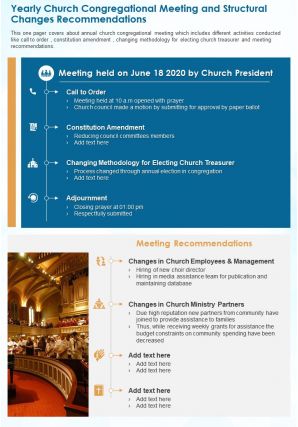 One page yearly church congregational meeting and structural changes recommendations ppt pdf document