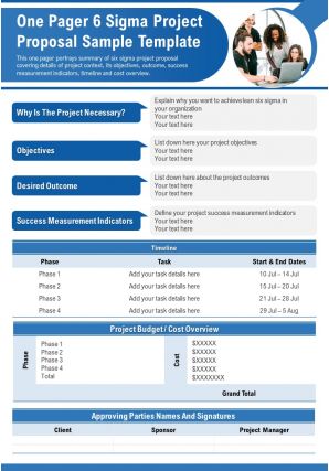 One pager 6 sigma project proposal sample template presentation report infographic ppt pdf document