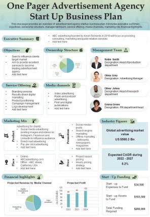 One Pager Advertisement Agency Start Up Business Plan Presentation Report Infographic PPT PDF Document