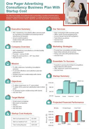 One Pager Advertising Consultancy Business Plan With Startup Cost Presentation Report Infographic PPT PDF Document