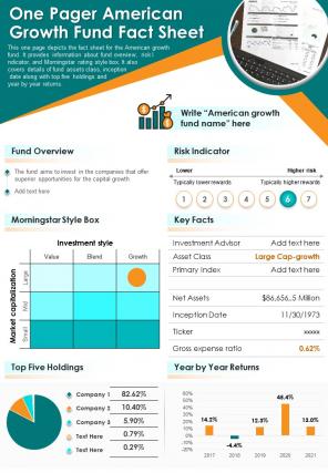 One pager american growth fund fact sheet presentation report infographic ppt pdf document