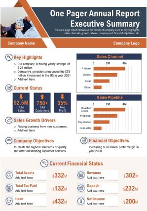 One Pager Annual Report Executive Summary Presentation Report Infographic Ppt Pdf Document