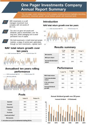 One pager annual reports for investment clubs summary presentation report infographic ppt pdf document
