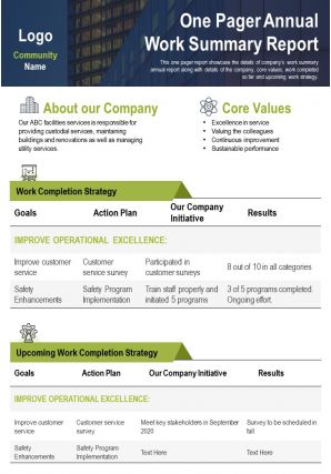 One pager annual work summary report presentation report infographic ppt pdf document