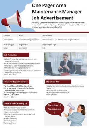 One Pager Area Maintenance Manager Job Advertisement Presentation Report Infographic PPT PDF Document