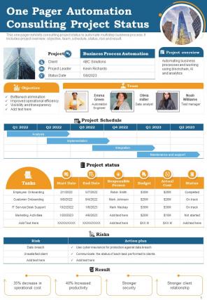 One Pager Automation Consulting Project Status Presentation Report Infographic Ppt Pdf Document