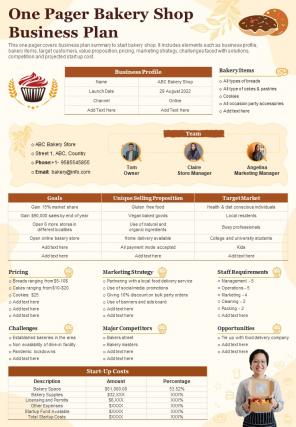 One Pager Bakery Shop Business Plan Presentation Report Infographic PPT PDF Document
