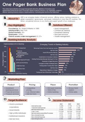 One Pager Bank Business Plan Presentation Report Infographic Ppt Pdf Document
