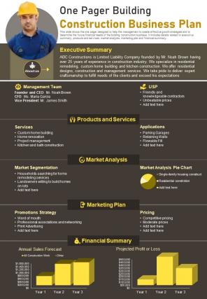 One Pager Building Construction Business Plan Presentation Report Infographic PPT PDF Document