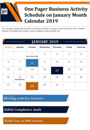 One pager business activity schedule on january month calendar 2019 report infographic ppt pdf document