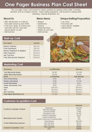 One Pager Business Plan Cost Sheet Presentation Report Infographic PPT PDF Document