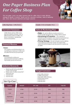 One Pager Business Plan For Coffee Shop Presentation Report Infographic PPT PDF Document