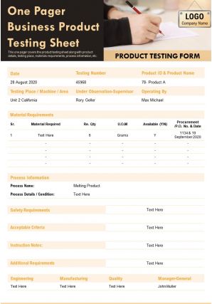 One pager business product testing sheet presentation report infographic ppt pdf document
