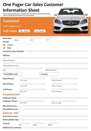 One pager car sales customer information sheet presentation report infographic ppt pdf document
