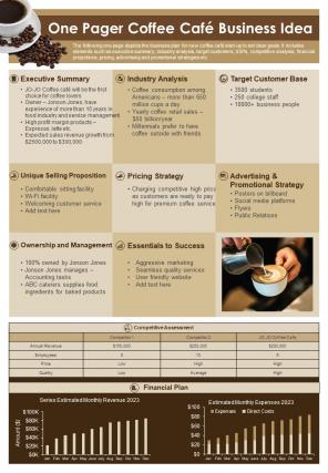 One Pager Coffee Cafe Business Idea Presentation Report Infographic Ppt Pdf Document