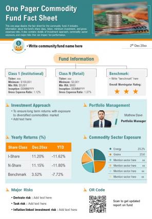 One pager commodity fund fact sheet presentation report infographic ppt pdf document