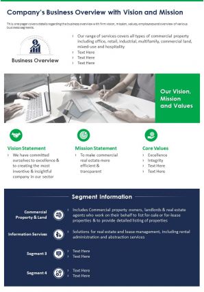 One pager company principles overview with vision and mission template 294 infographic ppt pdf document