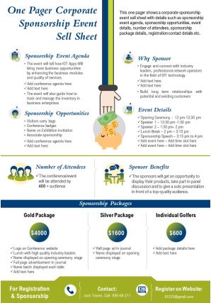 One pager corporate sponsorship event sell sheet presentation report infographic ppt pdf document