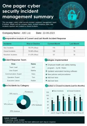 One Pager Cyber Security Incident Management Summary Presentation Infographic PPT PDF Document