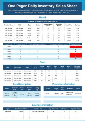 One pager daily inventory sales sheet presentation report infographic ppt pdf document