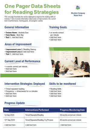 One pager data sheets for reading strategies presentation report infographic ppt pdf document