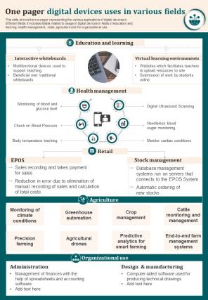 One Pager Digital Devices Uses Presentation Report Infographic Ppt Pdf ...