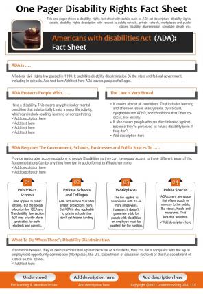 One pager disability rights fact sheet presentation report infographic ppt pdf document