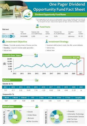 One pager dividend opportunity fund fact sheet presentation report infographic ppt pdf document