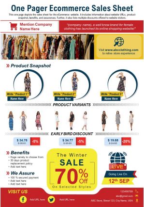 One pager ecommerce sales sheet presentation report infographic ppt pdf document