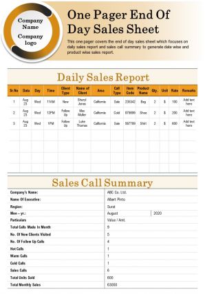 One pager end of day sales sheet presentation report infographic ppt pdf document