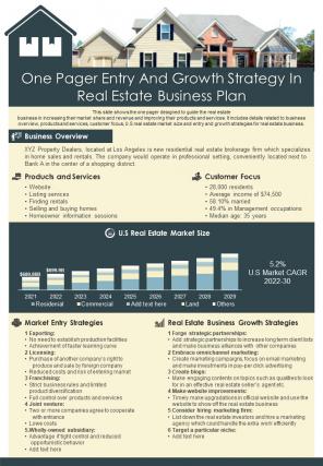 One Pager Entry And Growth Strategy In Real Estate Business Plan Presentation Report Infographic PPT PDF Document