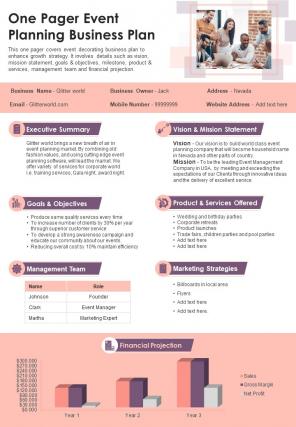One Pager Event Planning Business Plan Presentation Report Infographic PPT PDF Document