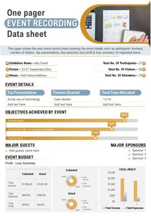 One pager event recording data sheet presentation report infographic ppt pdf document