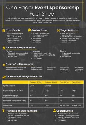 One Pager Event Sponsorship Fact Sheet Presentation Report Infographic PPT PDF Document