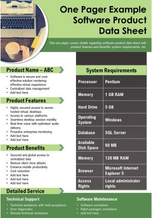 One pager example software product data sheet presentation report infographic ppt pdf document